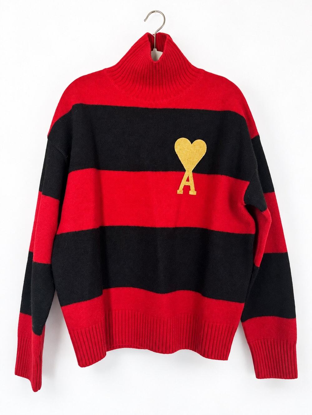 AMI Paris Ami de Coeur Red Black Striped Wool Turtleneck Sweater M NWT